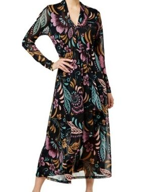 Iman's Long Sleeve Black Mesh Floral Maxi Dress with Pink, Gold and Teal Print